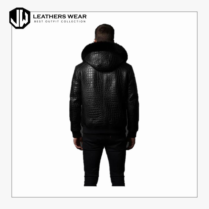 Black Crocodile Skin Hooded Motorcycle Jacket