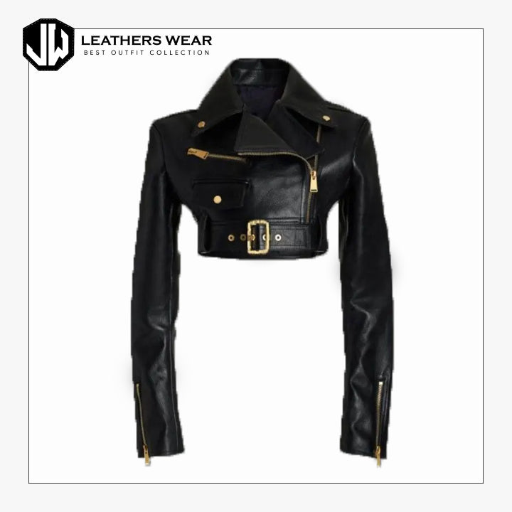 Black Cropped Leather Motorcycle Jacket