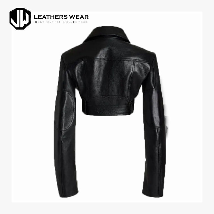 Black Cropped Leather Motorcycle Jacket