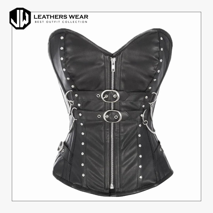 Black Faux Leather Overbust Corset with Buckle Design Leathers Wear