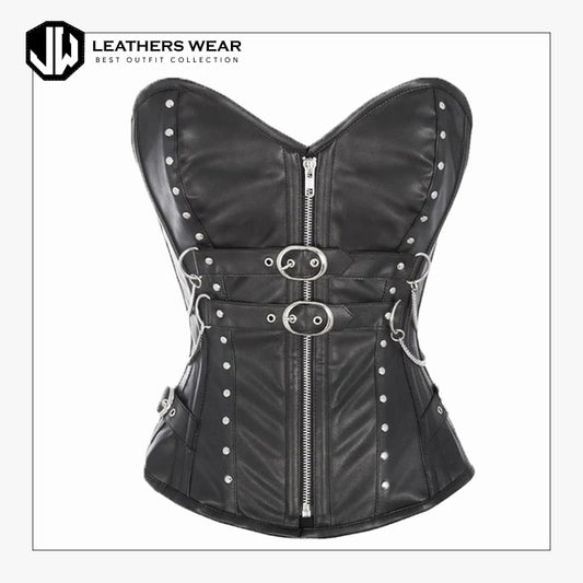 Black Faux Leather Overbust Corset with Buckle Design Leathers Wear