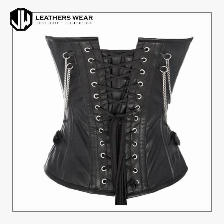 Black Faux Leather Overbust Corset with Buckle Design Leathers Wear