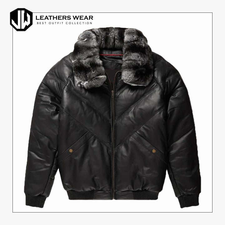 Black Leather Collar V Bomber Jacket Leathers Wear