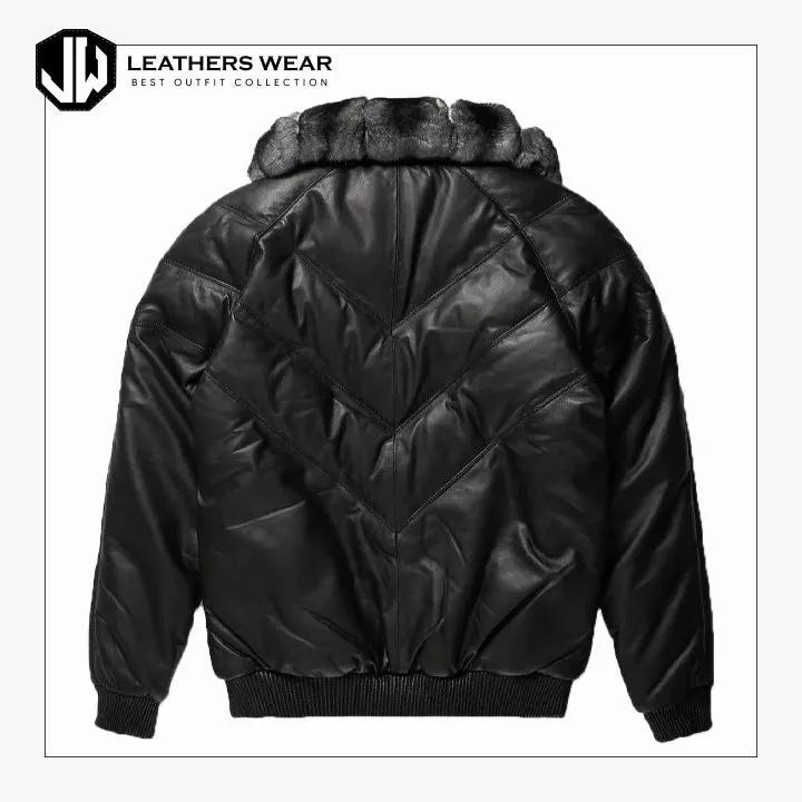 Black Leather Collar V Bomber Jacket Leathers Wear
