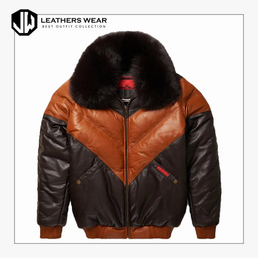 Black and Brown V Bomber Leather Jacket Leathers Wear