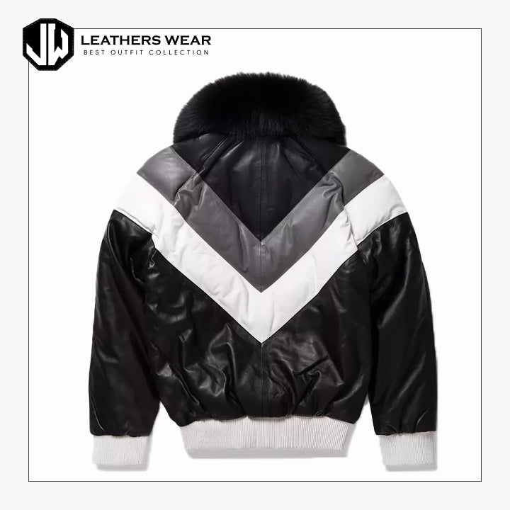 Black and White Leather V-Bomber Jacket
