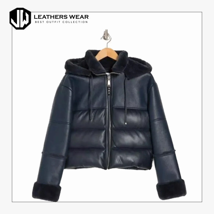 Blue Vegan Leather Puffer Jacket