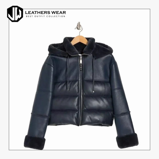 Blue Vegan Leather Puffer Jacket