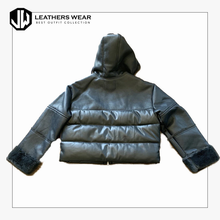 Blue Vegan Leather Puffer Jacket