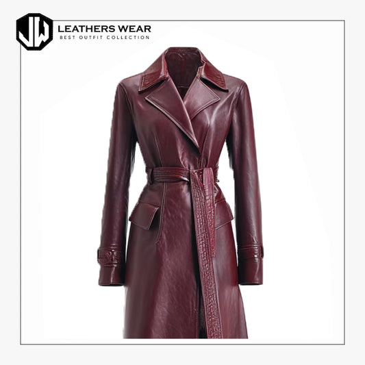 Burgundy Sheepskin Leather Trench Coat