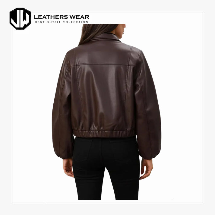 Dark Brown Leather Cropped Bomber Jacket