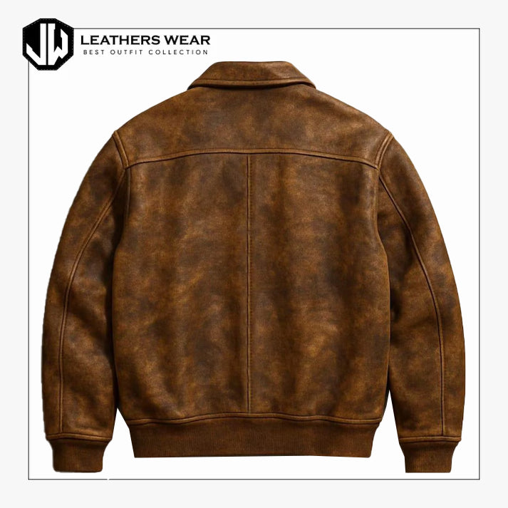 Distressed Brown Leather Bomber Jacket