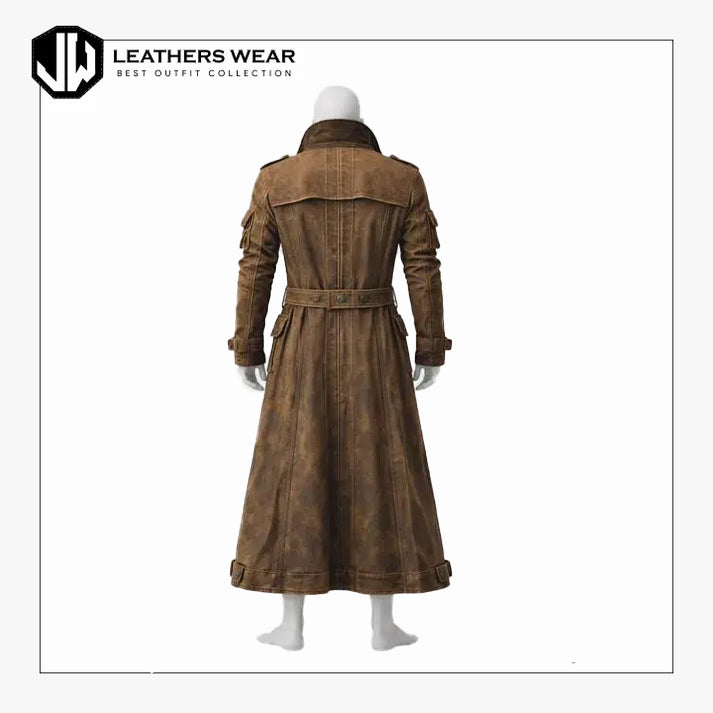 Distressed Brown Leather Trench Coat
