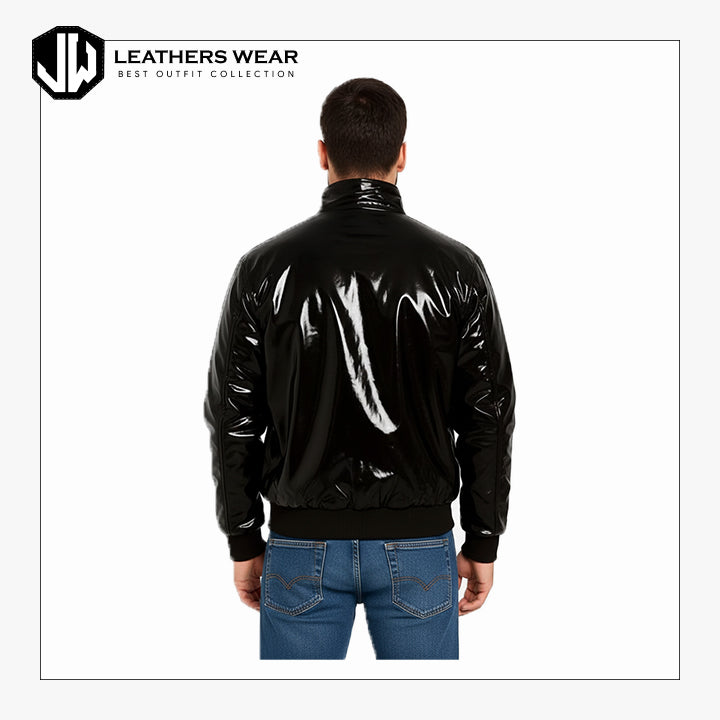 Glossy Black PU Leather Bomber Jacket