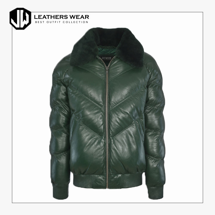 Green V Style Bomber Leather Jacket