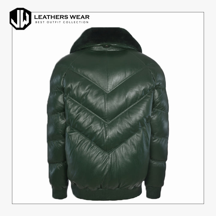 Green V Style Bomber Leather Jacket
