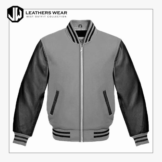 Grey And Genuine Leather Sleeve Jacket