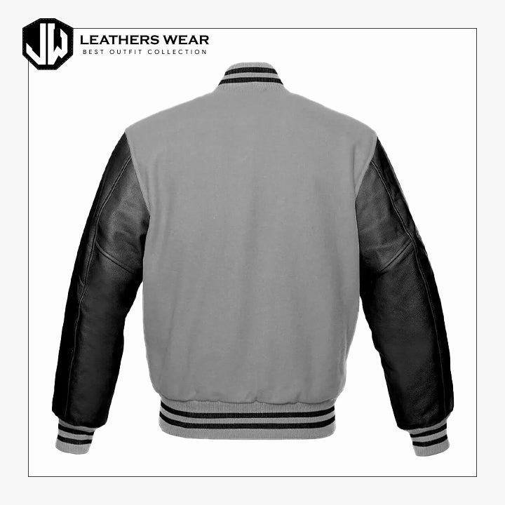 Grey And Genuine Leather Sleeve Jacket
