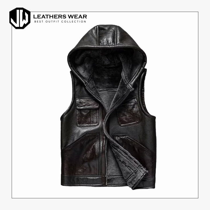 Handmade Black Hooded Biker Vest Men