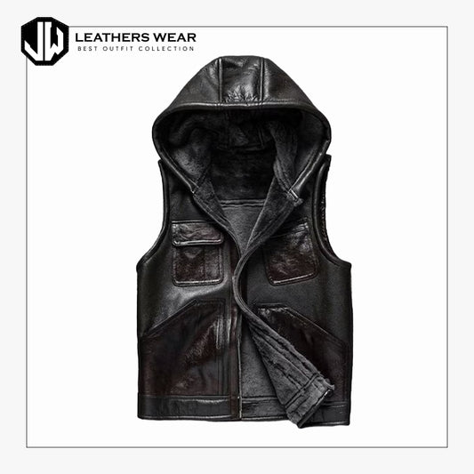 Handmade Black Hooded Biker Vest Men