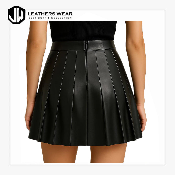 Handmade Black Leather Pleated Mini Skirt