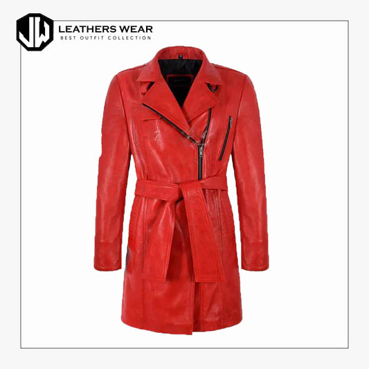 Ladies Red Leather Trench Coat Leathers Wear