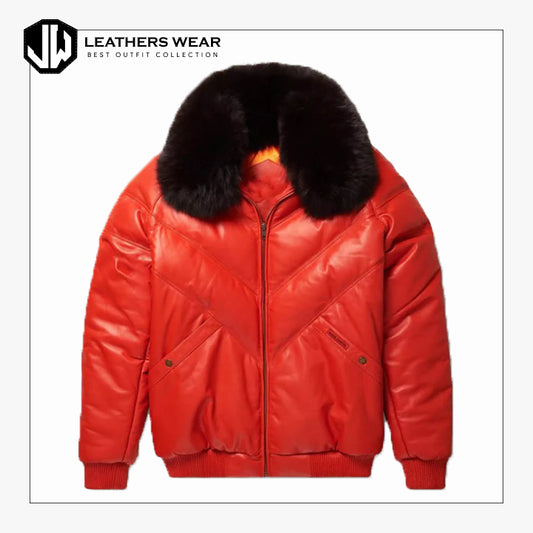 Leather Handmade Fur Collar Jacket