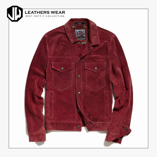Men Burgundy Leather Trucker Jacket