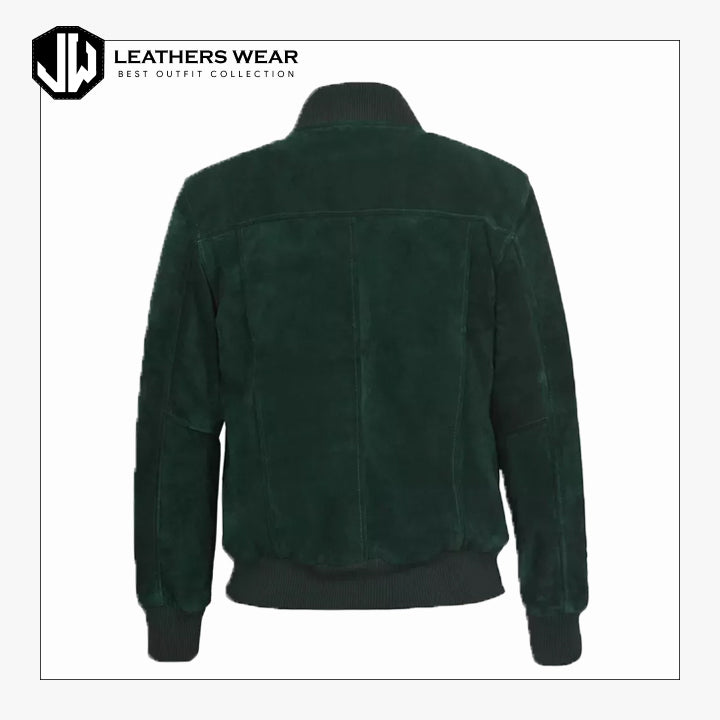 Men Dark Green Suede Bomber Jacket