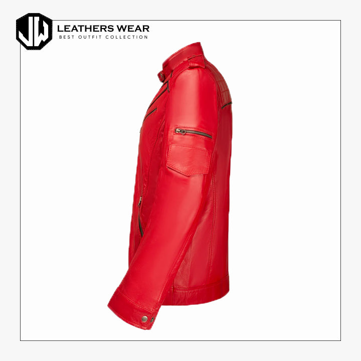 Men Red Leather Jacket Handcrafted