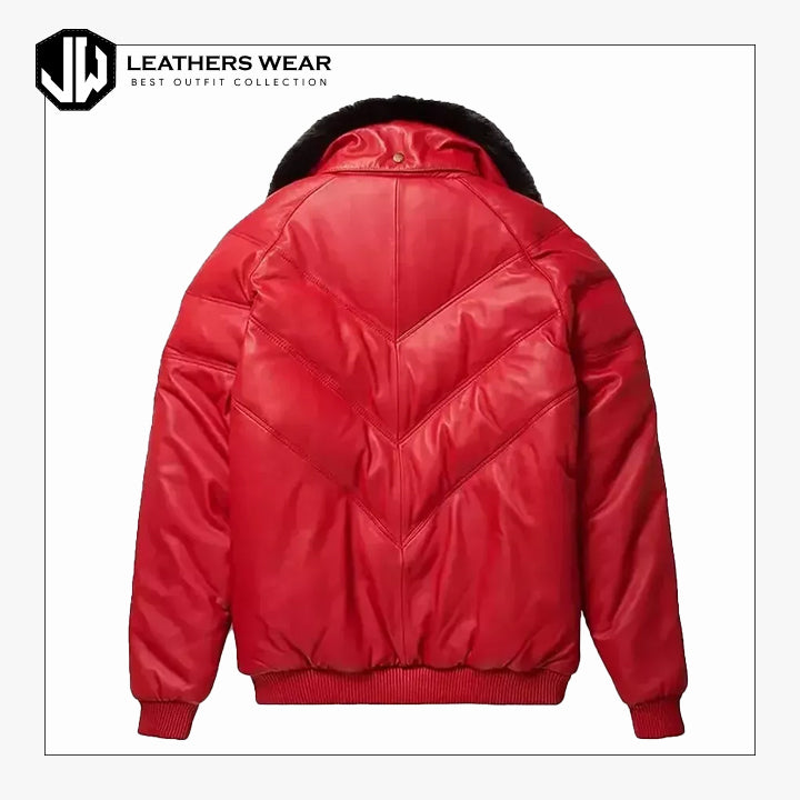 Men Red Leather V-Bomber jacket
