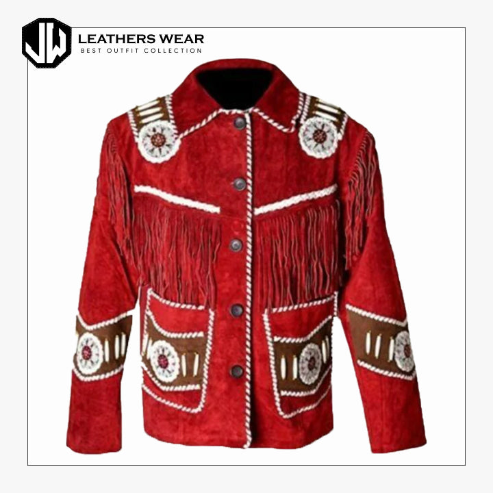 Men Red Western Cowboy Beaded Leather Jacket Leathers Wear