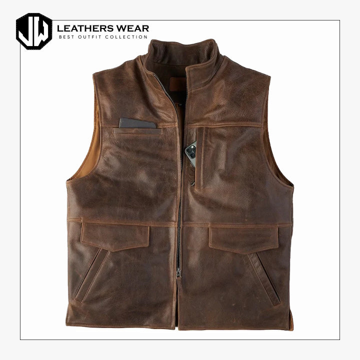 Mens Brown Leather Biker Vest Leathers Wear