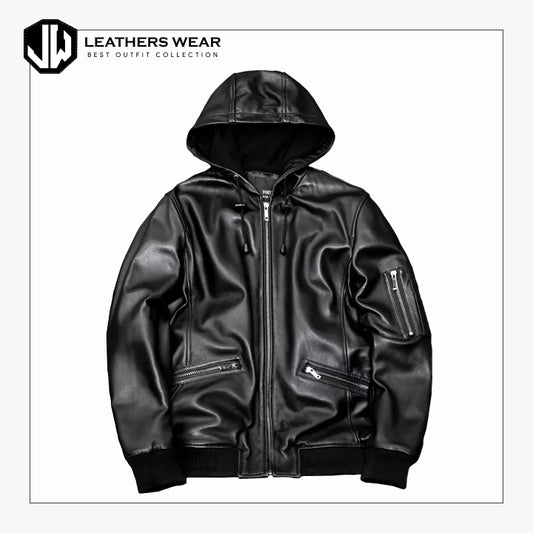 Men's Hooded Black Leather Jacket Leathers Wear