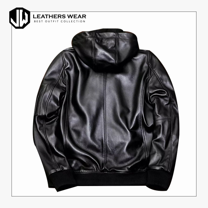 Men's Hooded Black Leather Jacket Leathers Wear