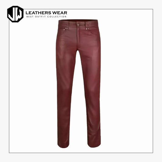 Mens Biker Leather Real Burgundy Pant