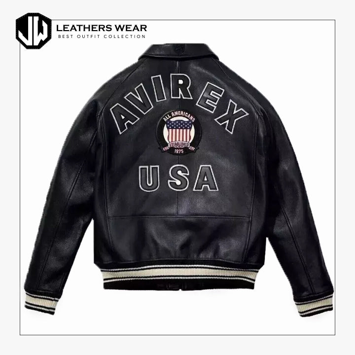 Mens Black Avirex Leather Bomber Jacket