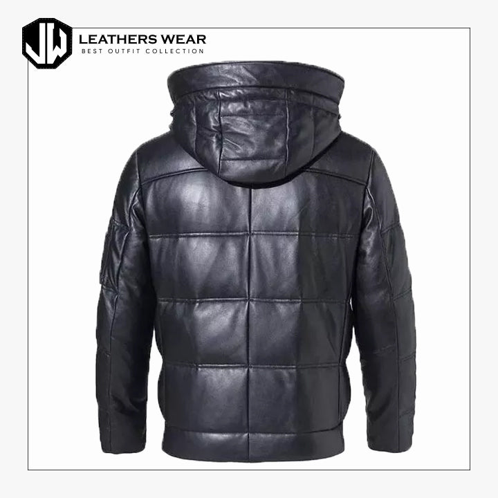 Mens Black Lambskin Leather Puffer Jacket