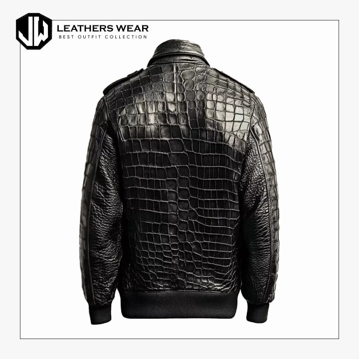 Mens Black Leather Crocodile Embossed Jacket