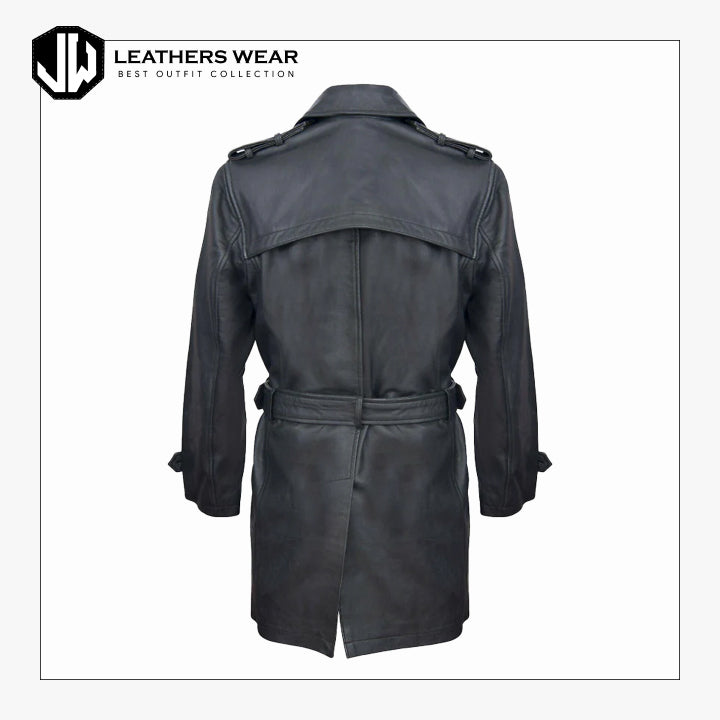 Mens Black Long Trench Coat Leather Jacket Leathers Wear
