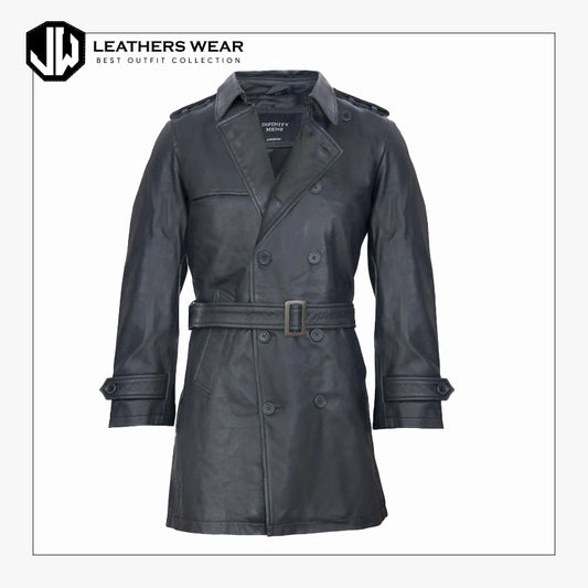 Mens Black Long Trench Coat Leather Jacket Leathers Wear