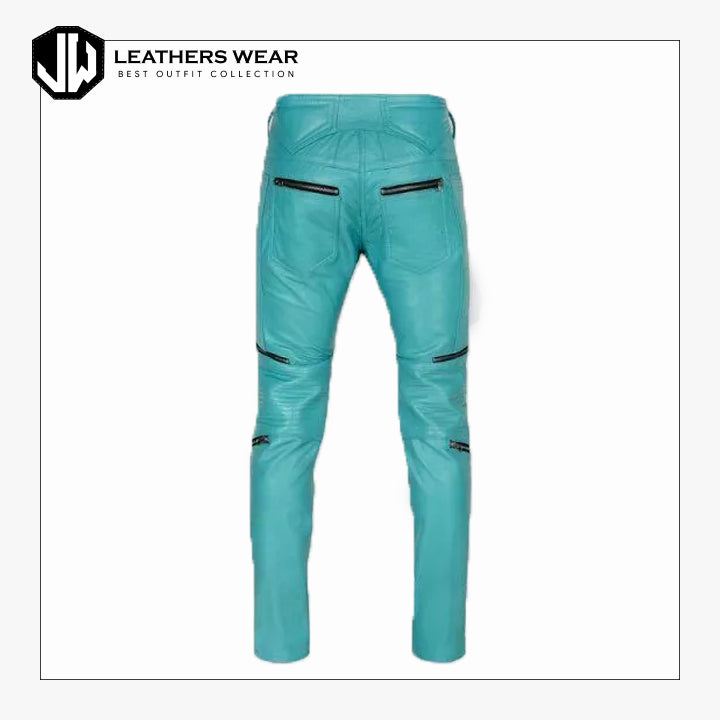 Mens Blue Lambskin Real Leather Pant
