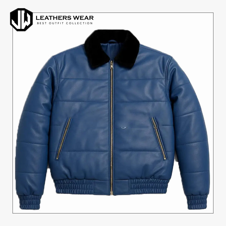 Mens Blue Leather Puffer Jacket