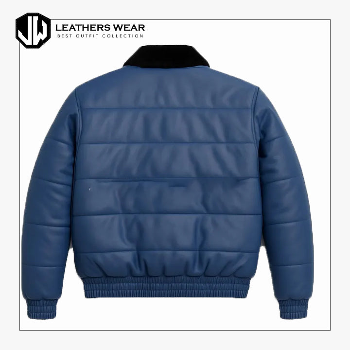 Mens Blue Leather Puffer Jacket