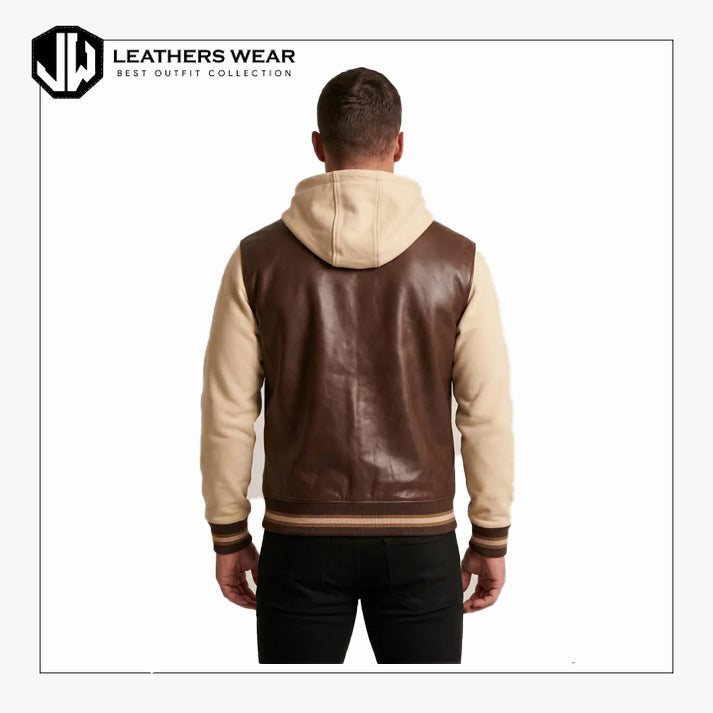 Mens Brown Leather Varsity Hoodie Jacket