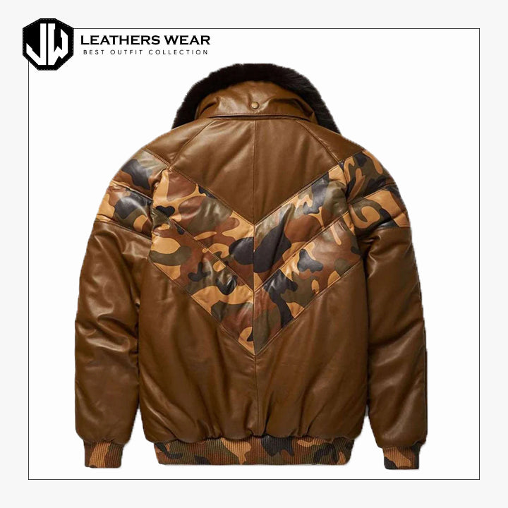 Mens Brown V-Bomber Leather Jacket