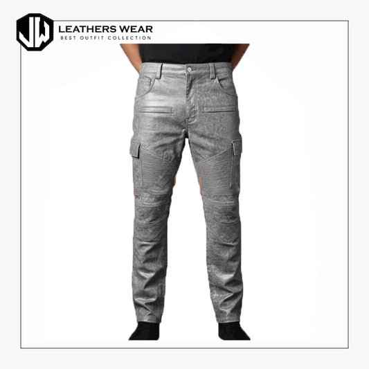 Mens Grey Leather Biker Pants