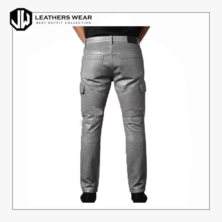 Mens Grey Leather Biker Pants