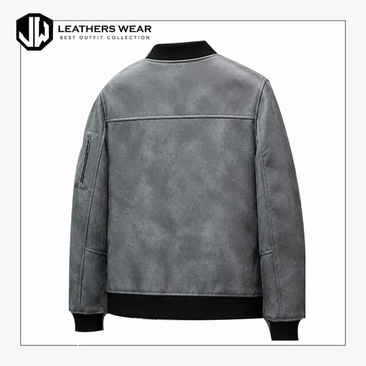 Mens Grey Suede-Look Bomber Jacket