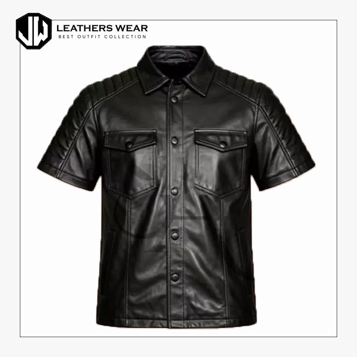 Mens Half Sleeves Black Leather Shirt